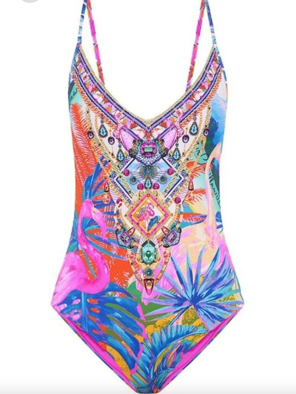 CAMILLA Flamenco Flamingo Crystal V Neck High Leg One Piece Swimsuit. Size M